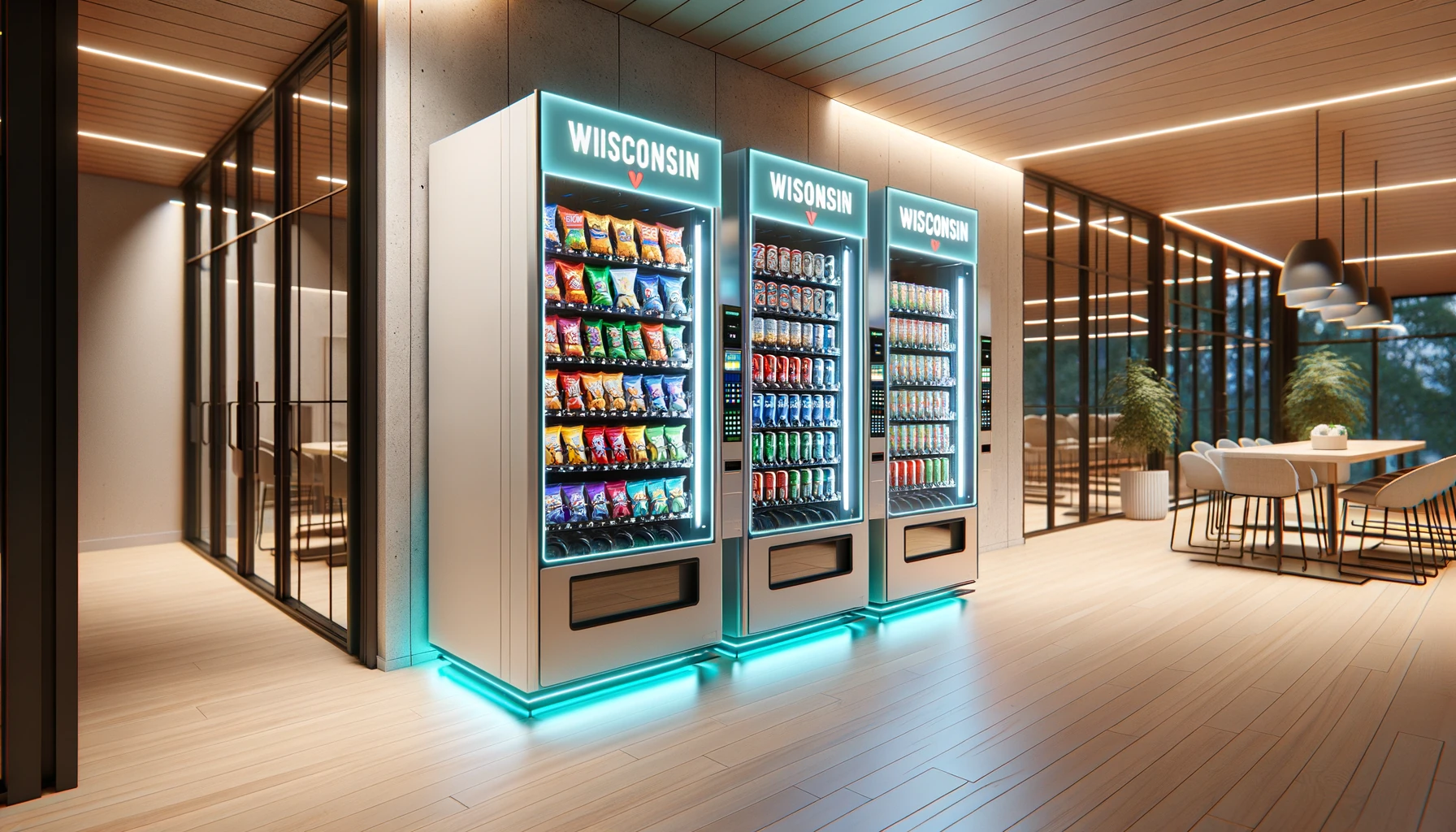 Modern vending machines in a bright Wisconsin office break room