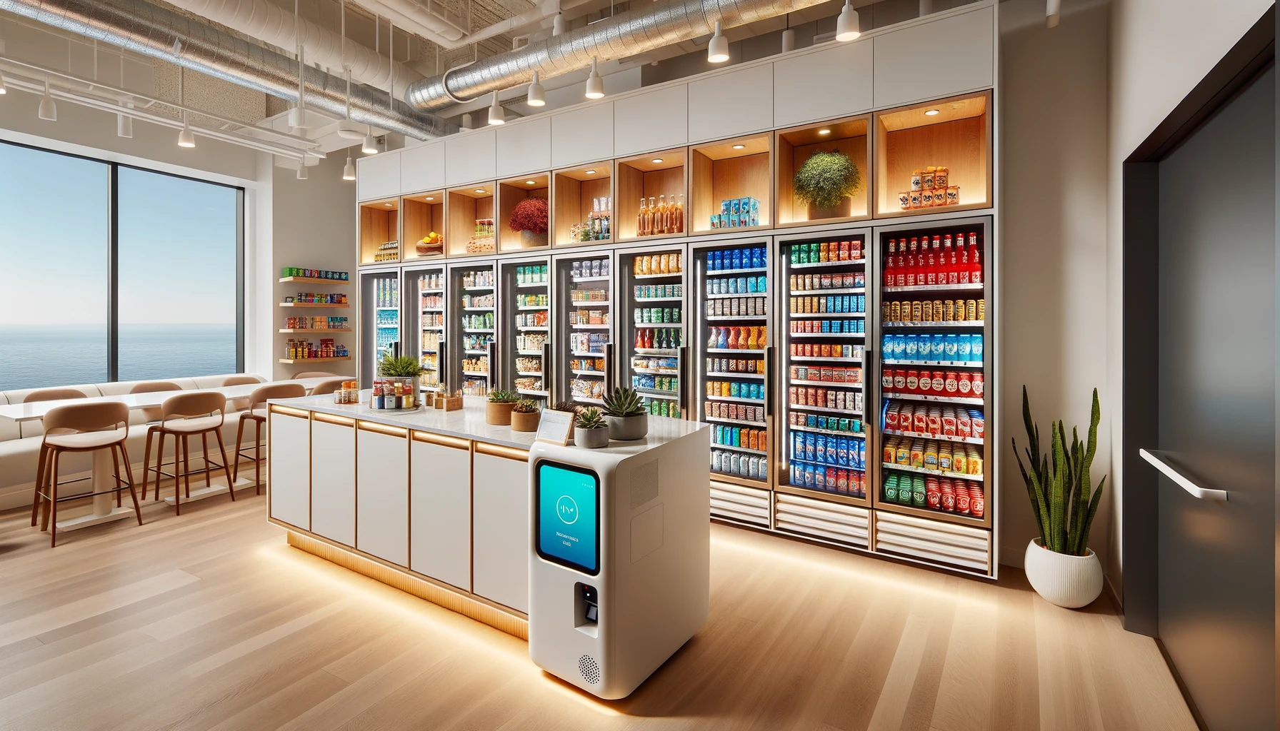 Large open-format self-serve micro-market in a bright Wisconsin corporate break room