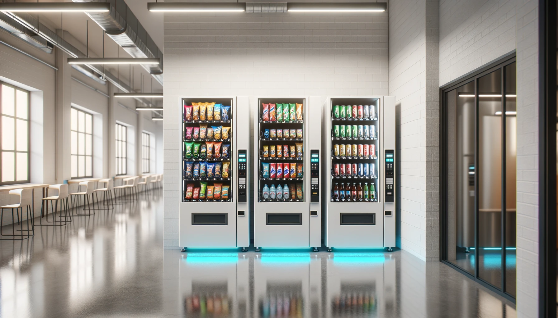 Row of modern vending machines in a clean Wisconsin manufacturing break room